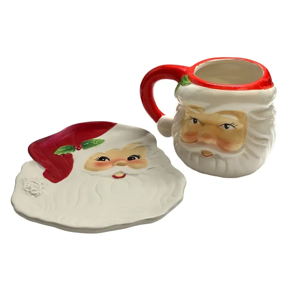 3-D Mr. Christmas Ceramic Santa Mug & Santa Face Plate Set - 2 Piece